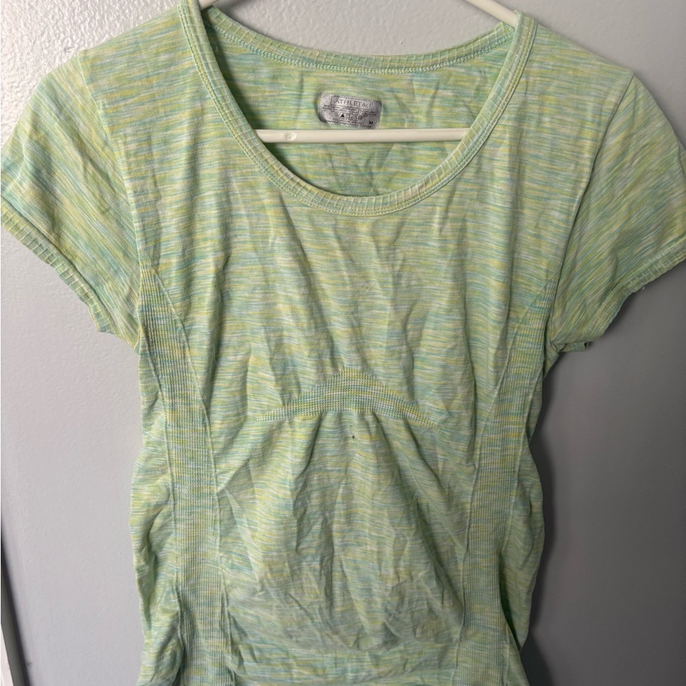 Athleta Women's Space Dyed Green Striped Top Activewear T-Shirt Ruched